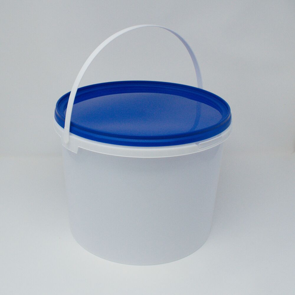 10l White food bucket with plastic handles and blue lid
