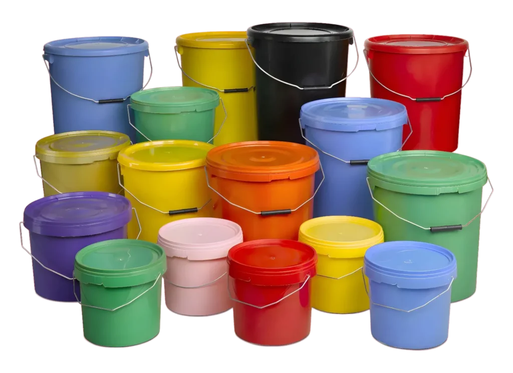 Array of coloured plastic buckets arranged from tallest to smallest