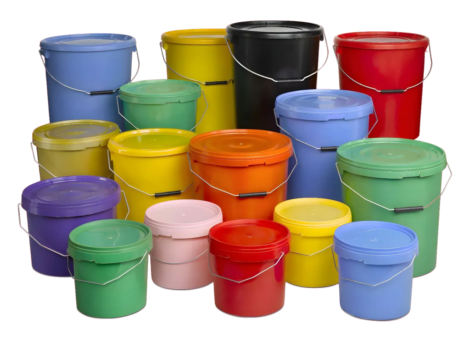 Array of coloured plastic buckets arranged from tallest to smallest