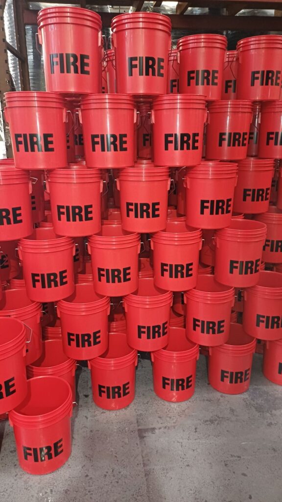 Stack of printed Fire buckets from H&O Plastics
